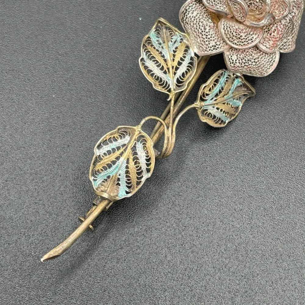 Antique Vintage Sterling Silver Floral Filigree Enamel Brooch Trombone Clasp 40s